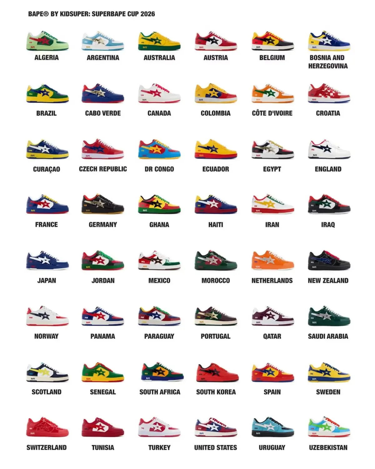 BAPE y KidSuper lanzan una colección de zapatillas inspirada en las 48 selecciones del Mundial 2026